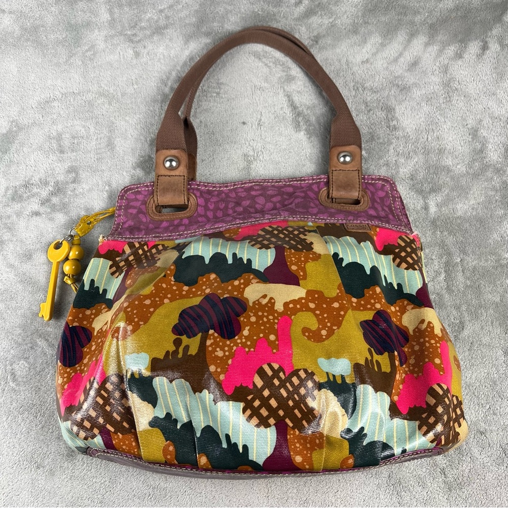 Fossil Multicolor Abstract Print Shoulder Bag with Brown Trim